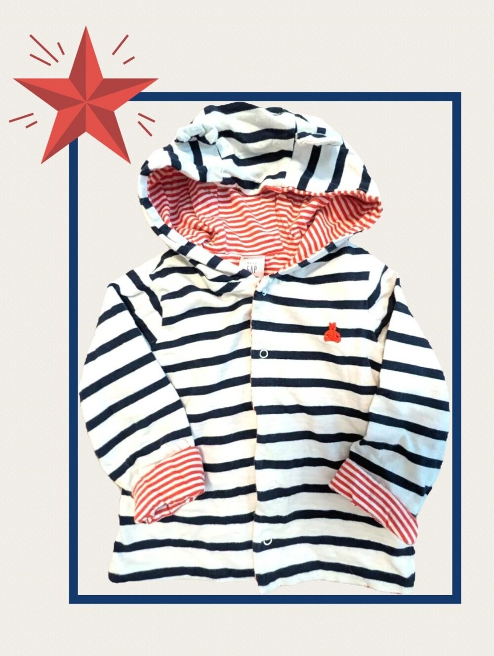 Gap Navy, Red and White Striped Hooded Jacket, Reversible, Size 18/24 mos